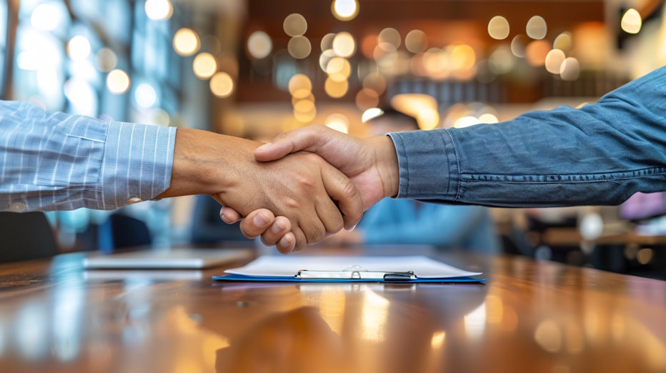 Two people shaking hands over a wooden table in a professional setting.