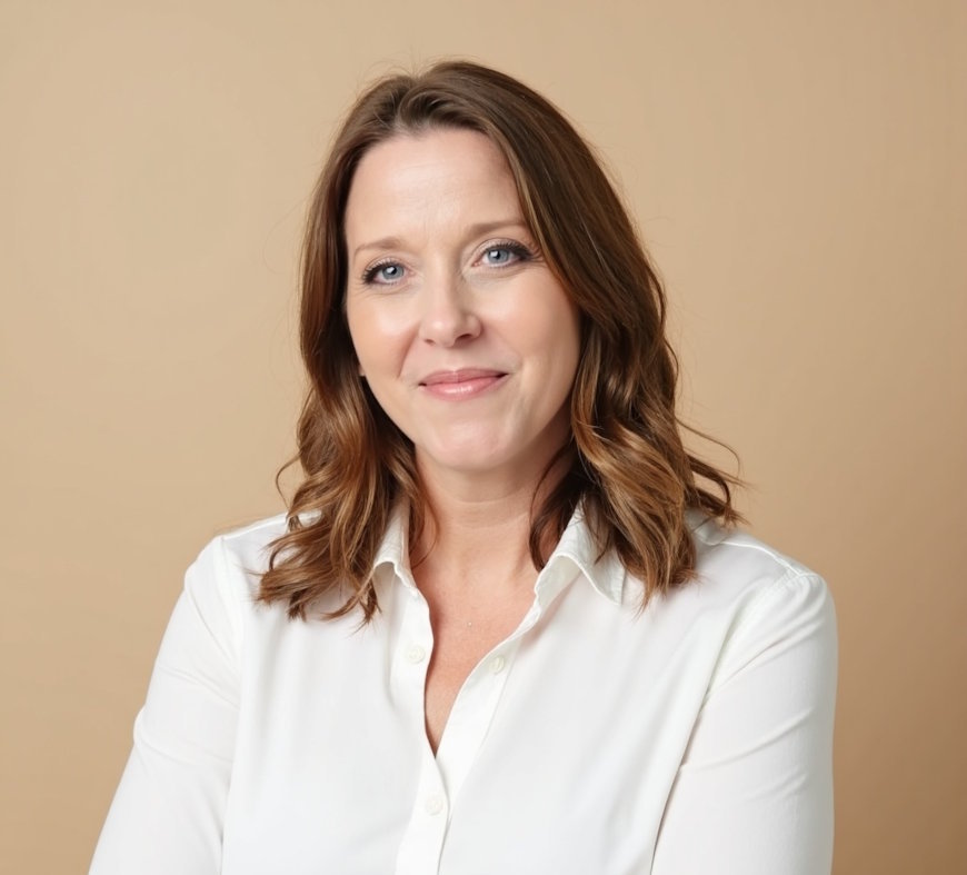 Joanna, with brown wavy hair in a white shirt, standing against a beige background.